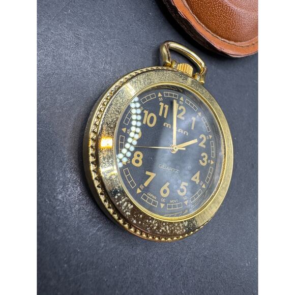 Vtg Milan Men’s Quartz Pocket Watch Black Dial w/ Leather Case 41.6mm MLN1070 - Picture 4 of 11